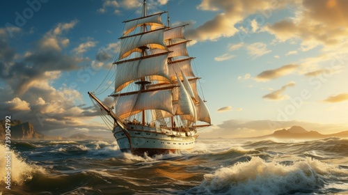 A historic tall ship cutting through the open sea, its sails billowing in the wind, the scene a nost