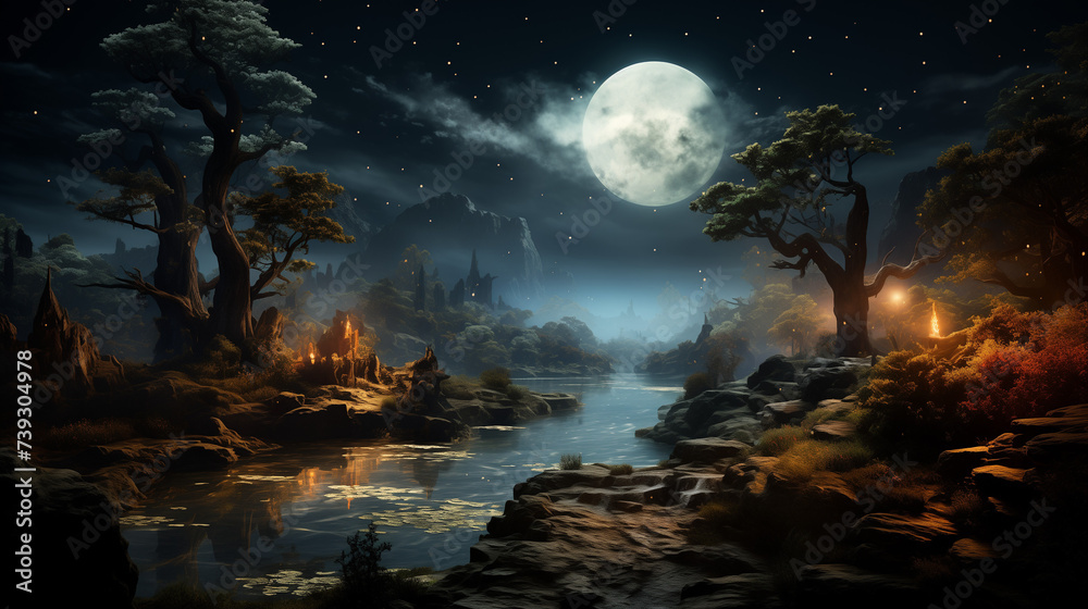 Obraz premium Un tableau captivant révèle un monde fantastique où les étoiles dansent avec les arbres et les rivières murmurent des secrets anciens. 