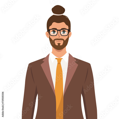 Elegant young man in business suit. Wearing Glasses with man bun hairstyle. Flat vector illustration isolated on white background