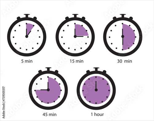Time terms icon set. Hour 15 min half hour 30 min 45 min vector illustration