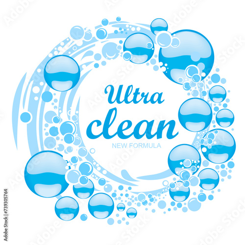 Ultra clean. New formula. Creative detergent packaging concept design with swirl effect. Powder to wash clothing. Soap ultra clean design product. Toilet or bathroom tub cleanser. Vector Illustration
