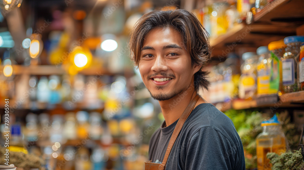 Portrait of young asian businessman owner of new local business, smiling while stands in his own herb store.
