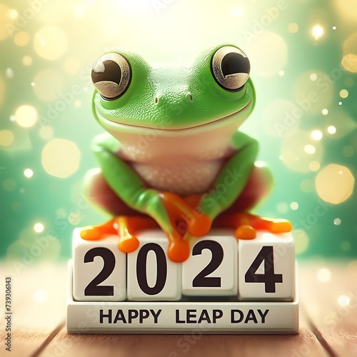 Green Frog with 2024 Numbers on bokeh background with text Happy leap day