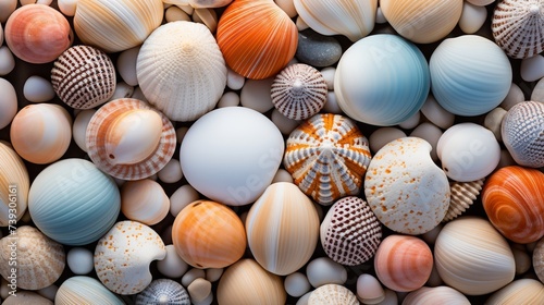 A selection of delicate and intricate seashells, accompanied by smooth pebbles and sand, displayed e