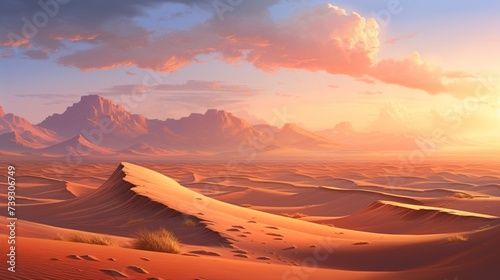 A vast, untouched desert landscape at sunset, with dunes casting long shadows and the sky ablaze with warm tones.
