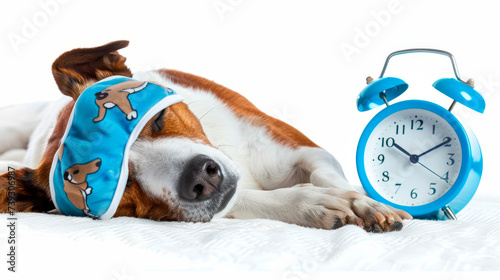 dog sleeps peacefully, with a mask over his eyes next to a blue alarm clock