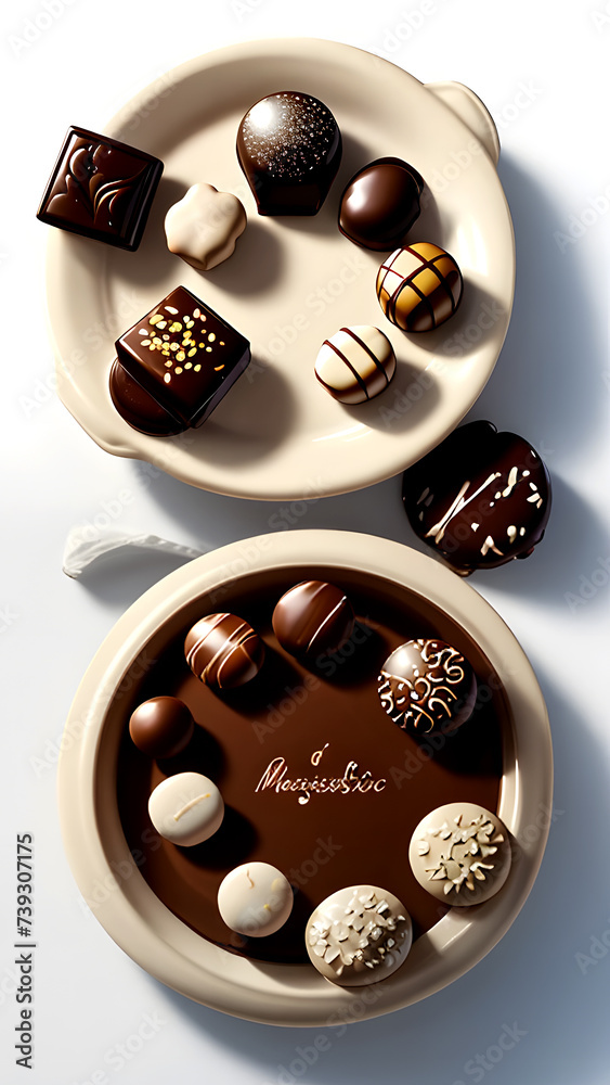 top view of various chocolate pralines isolated on white background . Top view