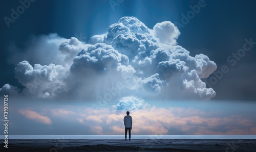 Man standing in front of a futuristic cloud connected to his mind. © Filip