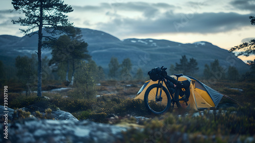 A bikepacking adventurer setting camp in a remote wilderness area at dusk with their bicycle leaning against a backdrop of untouched nature.