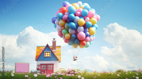 Tiny house illustration with colorful hot air balloons real estate property background wallpaper, house for a simple small family.
