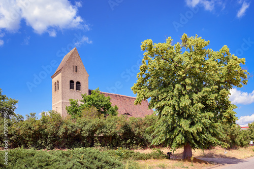 Eingebettet in die sommerliche Landschaft des Naturparks Nuthe-Nieplitz liegt die denkmalgeschützte Dorfkirche Blankensee (Ansicht von Süden)