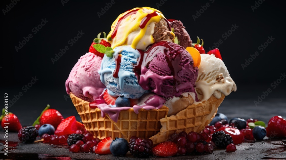 Mouthwatering ice cream in dish artfully garnished with colorful toppings.