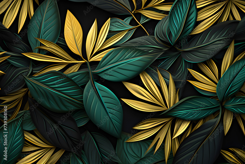 Green and gold floral patterns in paper style on a black background. Generative Ai Green and gold floral patterns in paper style on a black background. Generative Ai