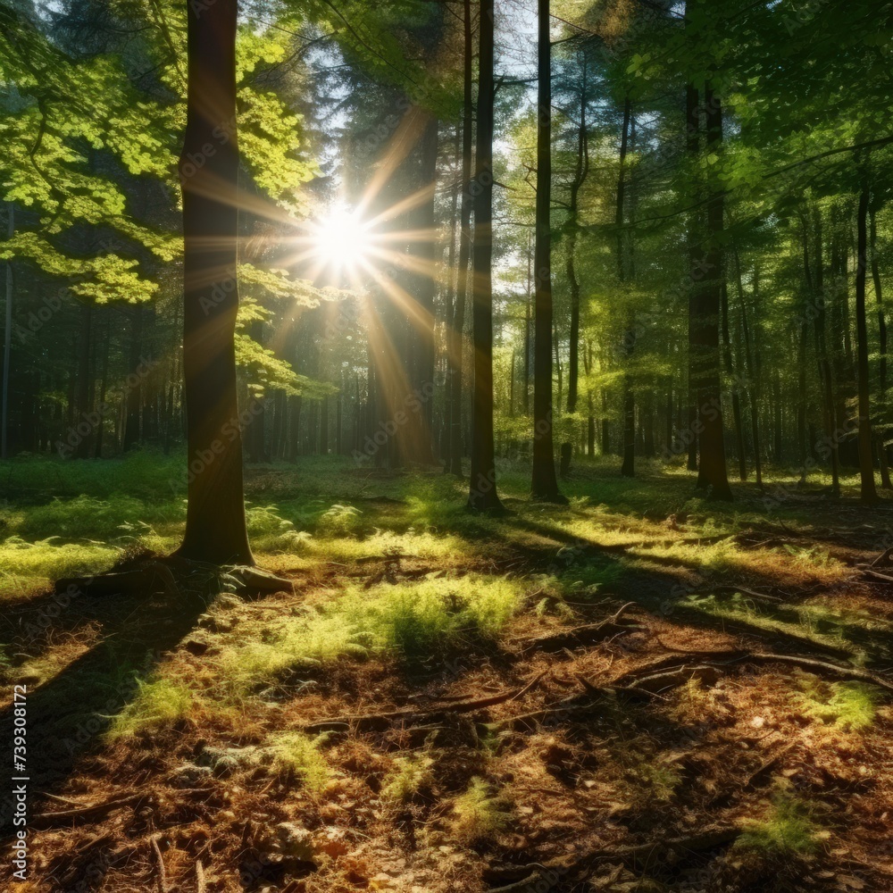 Obraz premium Sunlight filtering through a lush forest.