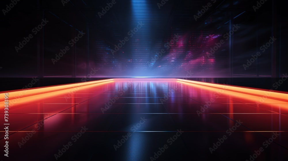 Night view with neon reflection on the concrete floor. Empty studio stage at night Night view with neon reflection on the concrete floor. Empty studio stage at night