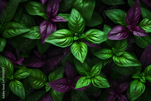 close-up of fresh stems of purple and green basil  top view    generated by AI. 3D illustration