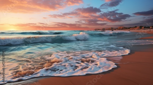 A secluded beach at sunrise, gentle waves lapping the shore, pastel sky reflecting on the water, cap