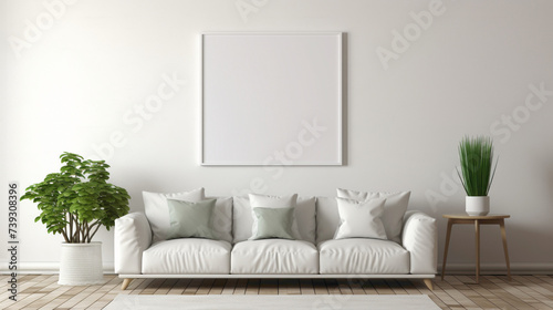 A mockup of a modern living room with a blank white empty frame, showcasing a vibrant, artistic digital rendering that sparks imagination.