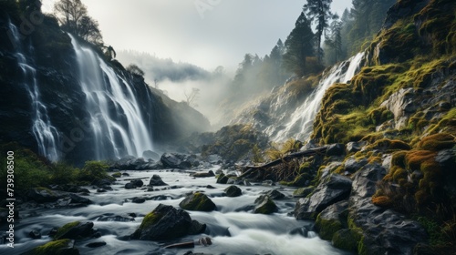 A majestic waterfall cascading down a rocky cliff, mist rising from the thunderous water, the surrou photo