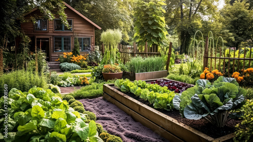An idyllic scene unfolds as neatly arranged vegetable and herb beds thrive in a lush garden, showcasing the beauty and bounty of nature's bounty.