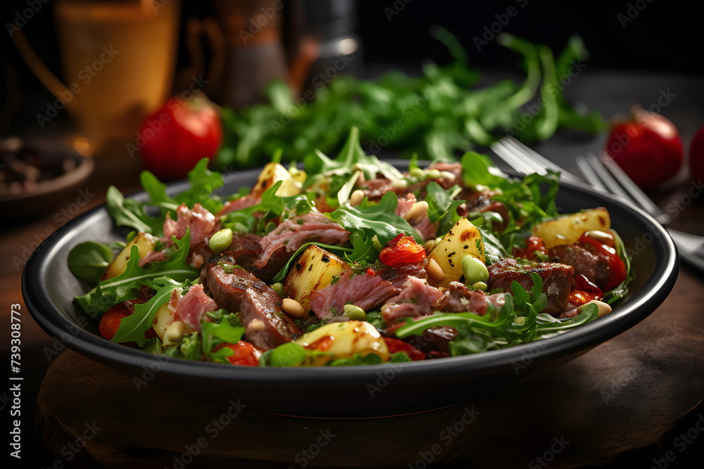 Close-up salad of fresh vegetables, arugula, potatoes and meat on a dark background,  generated by AI. 3D illustration