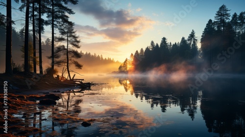 A misty morning by a forest lake, the mist hovering over the calm water, the silhouettes of trees em