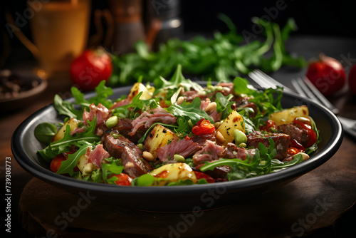 Close-up salad of fresh vegetables, arugula, potatoes and meat on a dark background, generated by AI. 3D illustration
