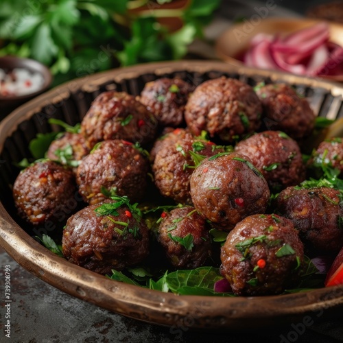 a bowl of meatballs with herbs