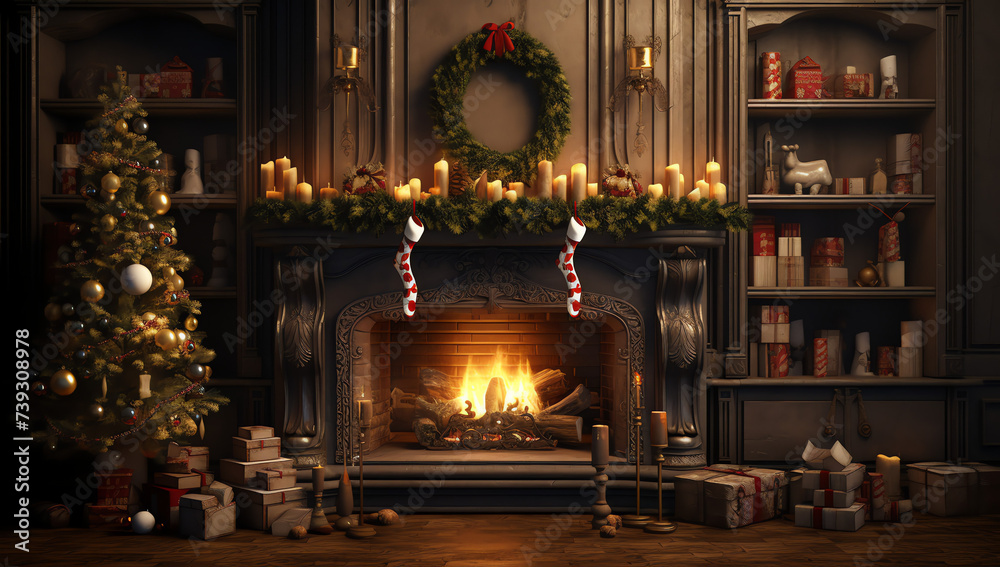 fireplace with christmas decorations, warm house fireplace with christmas decorations, warm house