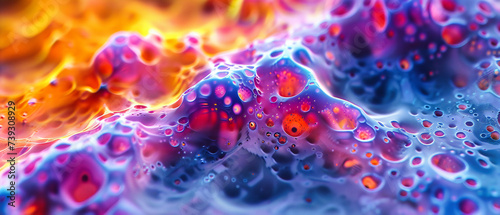 Delving into the microscopic world, an abstract fusion of science and art, where cells and disease meet vibrant liquid motion