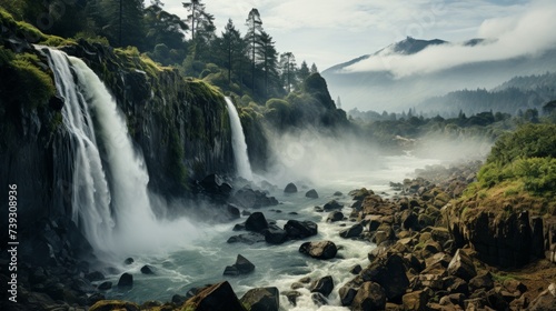A majestic waterfall cascading down a rocky cliff, mist rising from the thunderous water, the surrou © ProVector