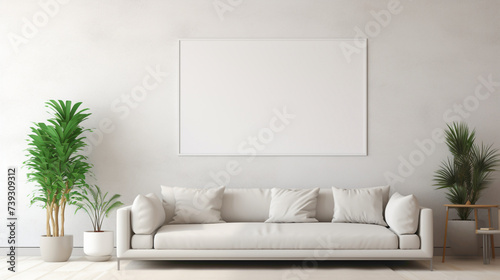 A mockup of a modern living room with a blank white empty frame, showcasing a dynamic, abstract digital collage that sparks curiosity and intrigue.