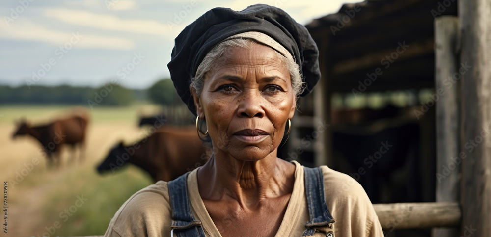 portrait of an old african farmer woman in overalls standing and leaning on a wooden fence outdoors in the countryside with a place to copy