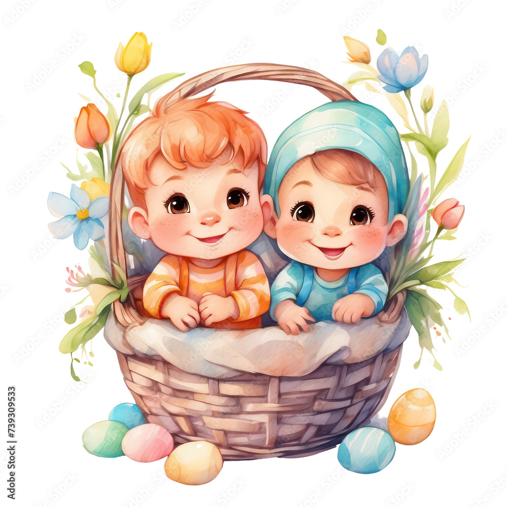 an adorable illustration of happy chibi baby Boys in an Easter basket for a kid's room,watercolor style,PNG format,isolated on a white background an adorable illustration of happy chibi baby Boys in an Easter basket for a kid's room,watercolor style,PNG format,isolated on a white background