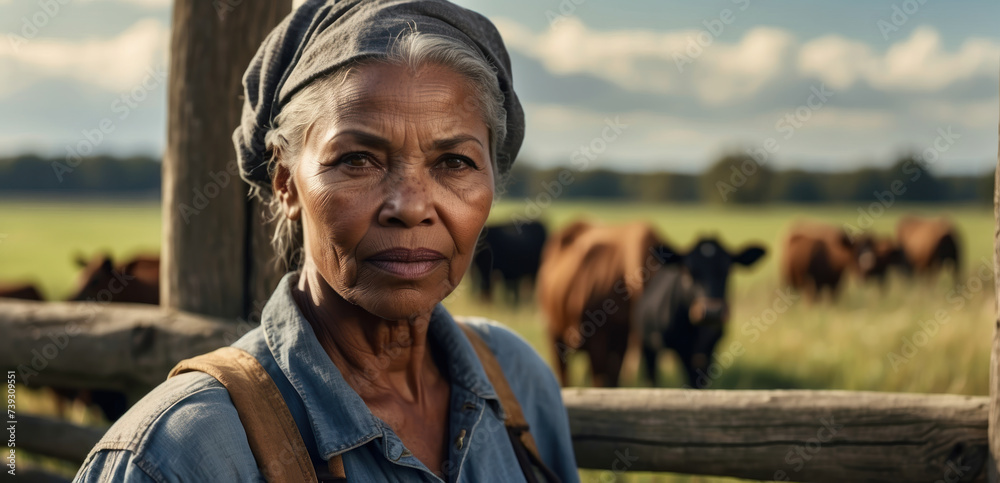 portrait of an old african farmer woman in overalls standing and leaning on a wooden fence outdoors in the countryside with a place to copy