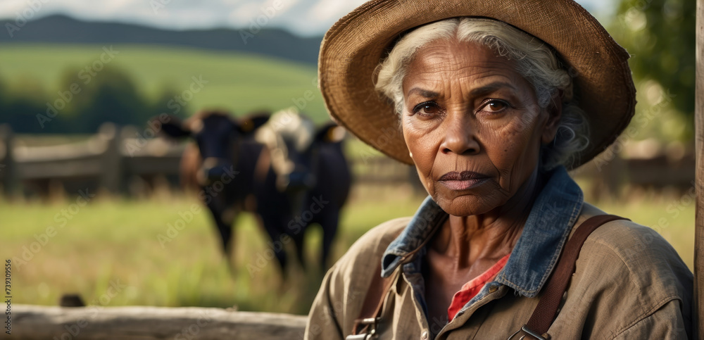 portrait of an old african farmer woman in overalls standing and leaning on a wooden fence outdoors in the countryside with a place to copy