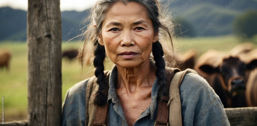 portrait of an old asian farmer woman in overalls standing and leaning on a wooden fence outdoors in the countryside with a place to copy