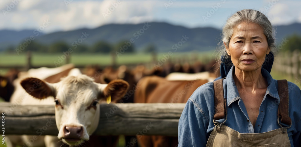 portrait of an old asian farmer woman in overalls standing and leaning on a wooden fence outdoors in the countryside with a place to copy