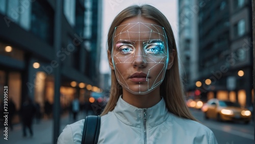 Futuristic face recognition. Young woman with futuristic faceart. Cyber security concept photo