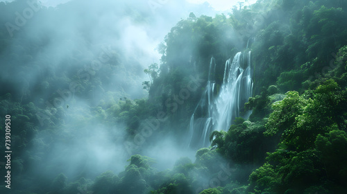 A dense tropical rainforest, with misty waterfalls as the background, during early morning fog