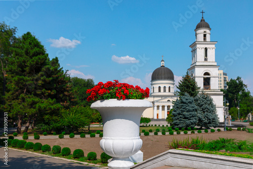 Cathedral in the central park of Chisinau Moldova. City park with ornamental garden in the spring