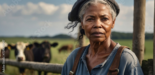 portrait of an old african farmer woman in overalls standing and leaning on a wooden fence outdoors in the countryside with a place to copy