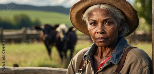 Obraz na płótnie portrait of an old african farmer woman in overalls standing and leaning on a wooden fence outdoors in the countryside with a place to copy w salonie