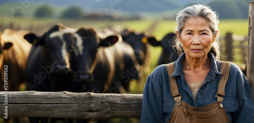 portrait of an old asian farmer woman in overalls standing and leaning on a wooden fence outdoors in the countryside with a place to copy