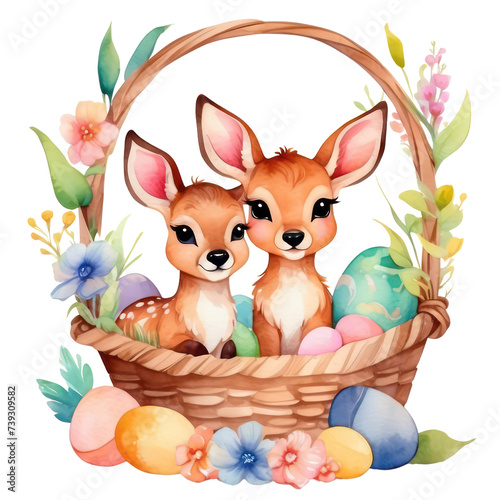 an adorable illustration of happy chibi baby Deers in an Easter basket for a kid's room,watercolor style,PNG format,isolated on a white background © peerasak