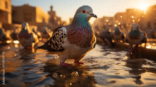 A group of pigeons gathered around a city square fountain, people feeding them in the background, hi photo