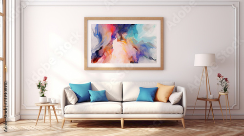 A mockup of a modern living room with a blank white empty frame, showcasing a dynamic, abstract digital painting that energizes the space.