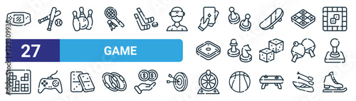 set of 27 outline web game icons such as game, base, bowling, ludo, chess, game, fortune, ice vector thin line icons for web design, mobile app.