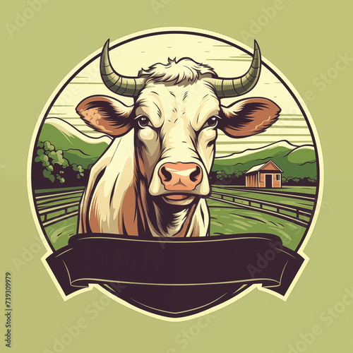 Idea for livestock farm logotypy design. Mock up illustration of white cow with horns in front of dairy farm in countryside.