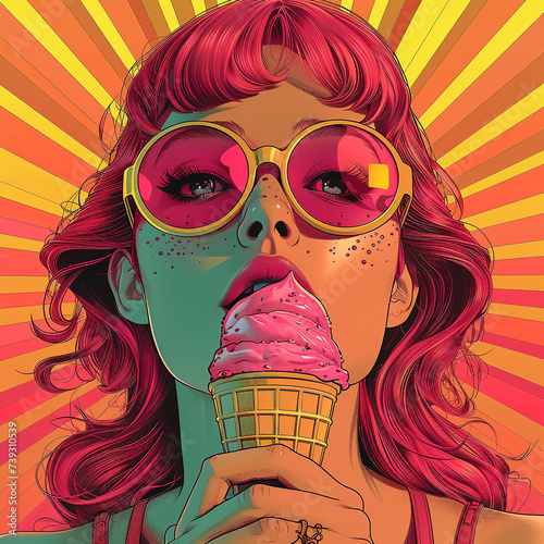 Wow female face. Sexy surprised girl red hair in sunglasses with open mouth holding bright ice cream in her hand.Summer background in pop art retro comic style.